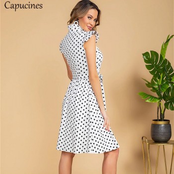 Capucines Ladies Vintage Ruffles Stand Collar Summer Dress Polka Dot Print Single Breasted Sashes A line Mini Dresses For Women